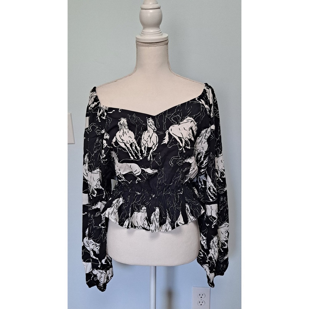 Wrangler Western Retro Womens Black White Horse Print Smocked Crop Top Blouse M